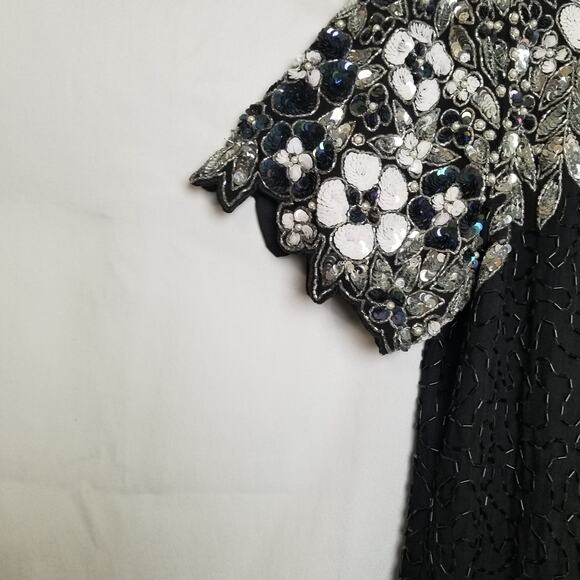 Holiday Party-Night Vogue Formal Black Silk Beaded Sequin Dress Knee Length Sz M - Picture 8 of 13